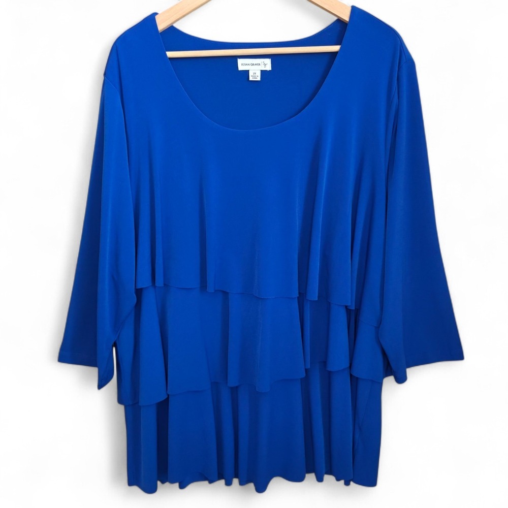 Susan‎ Graver Top Womens Plus 2X Blue Scoop Neck Liquid Knit Layered Blouse